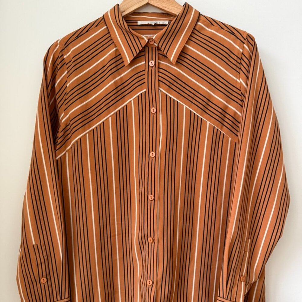 Monk & Lou Striped Button-Up Blouse | Rust/Camel w Navy + White Stripes | Size S